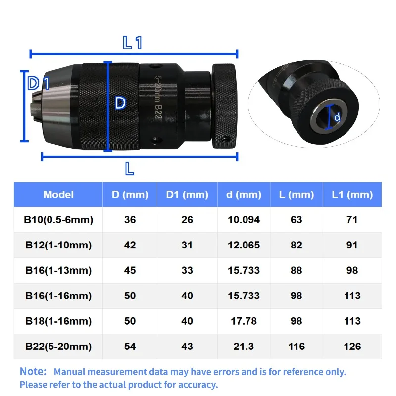 Keyless Drill Chuck B10 B12 B16 B18 B22 Self-Tightening Drill Chuck 6mm 10mm 13mm 16mm 20mm for CNC Drill Milling Lathe Machine