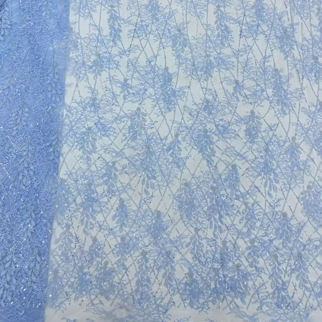 Newest Beaded Mesh Tulle Lace Fabric Nigerian Diamond Grid Geometric Hand Beaded High Quality Lace for Wedding Party Dress