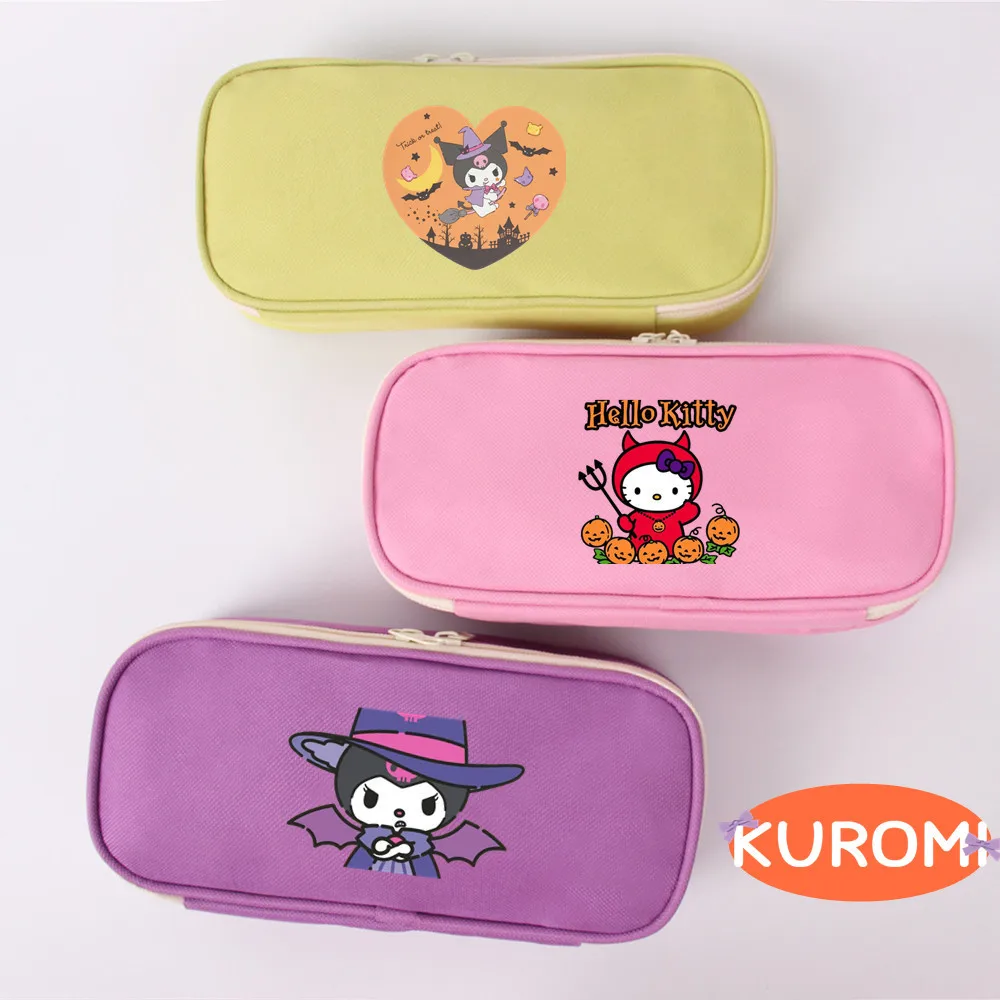 

New Sanrio Halloween Pen Bag Cute Cartoon Kuromi Cinnamoroll Hello Kitty Y2K Canvas Stationery Bag Pencil Case Halloween Gift