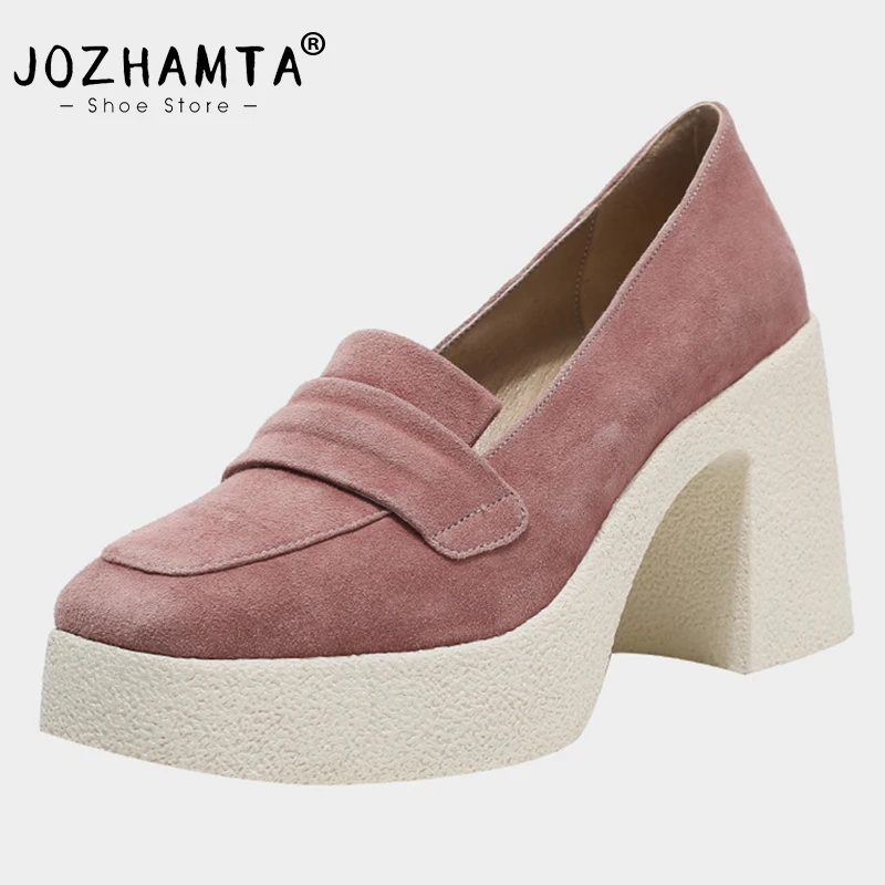 JOZHAMTA Size 34-39 Women Pumps Real Leather 2023 Spring Chunky Loafers Platform Shoes High Heels Women Fashion Ladies Footwear