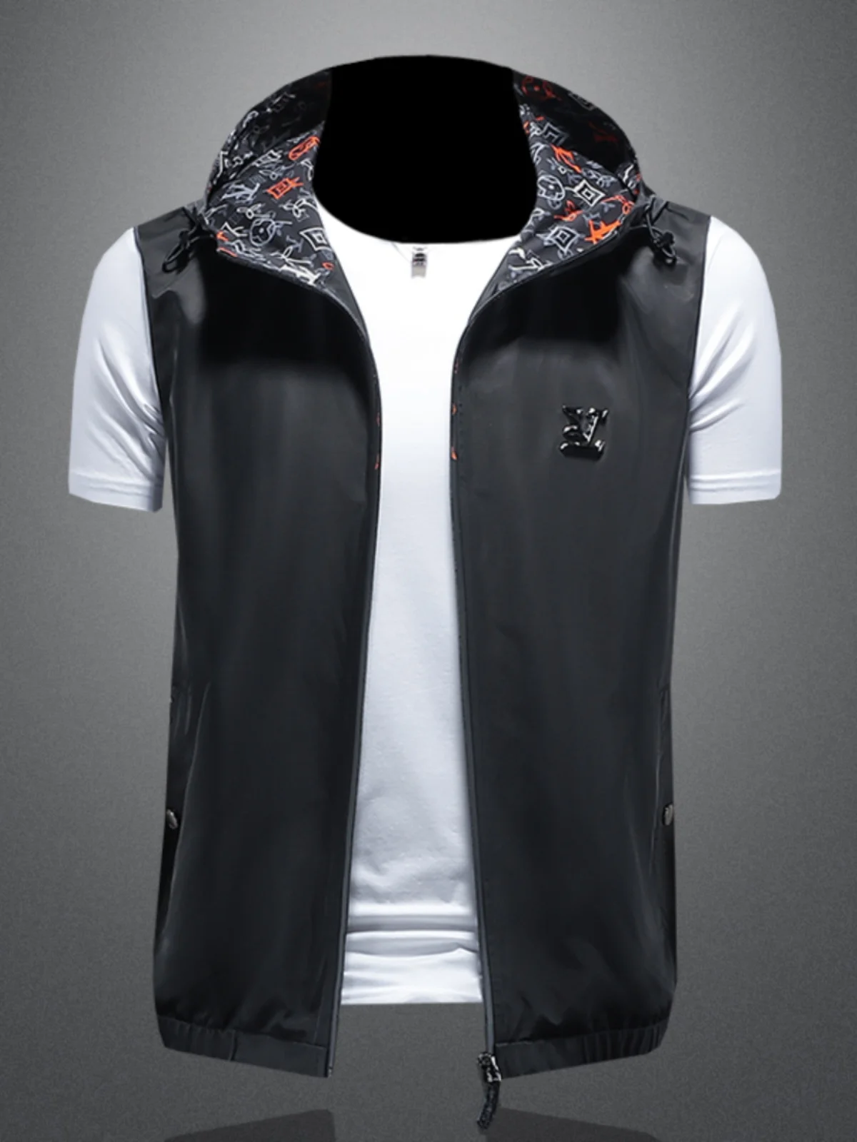 

Station Tide Brand Men's Casual Thin Hooded Vest Spring Summer New Sle Svel oulder Pad Vest Polyester Fiber Zipper