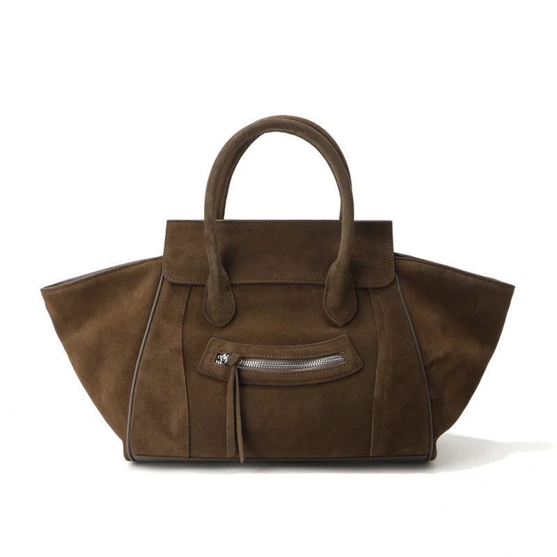 

New Smiley Face Tote Bag Made of Genuine Leather, Suede, Cowhide, Frosted Single Shoulder Crossbody Bag with Large Capacity