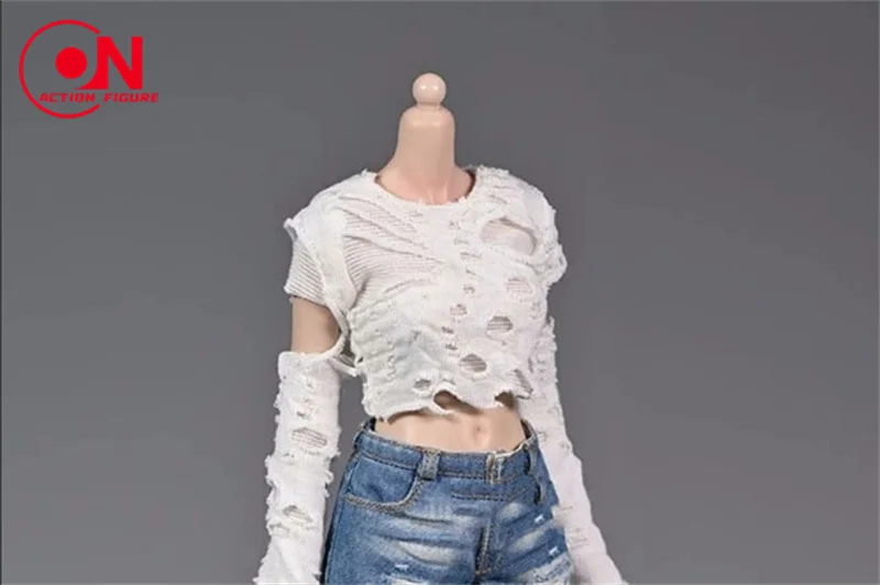 1/6 Schaal Vrouwelijke Gewassen Denim Vest Been Cover Shorts Rimpel Gat T-shirt Kleding Model Fit 12 ''Soldaat Action Figure body Poppen