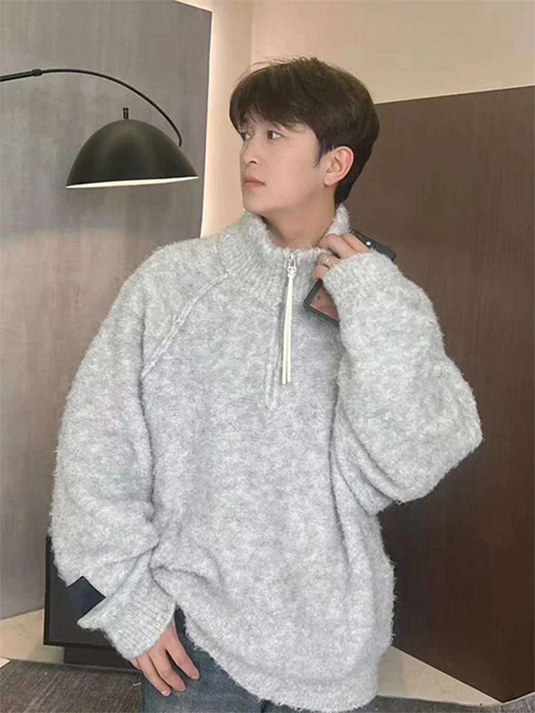 

Мягкий и удобный мужской вязаный свитер с высоким воротником на молнии, осенне-зимняя модная верхняя одежда в стиле кэжуал для молодежи