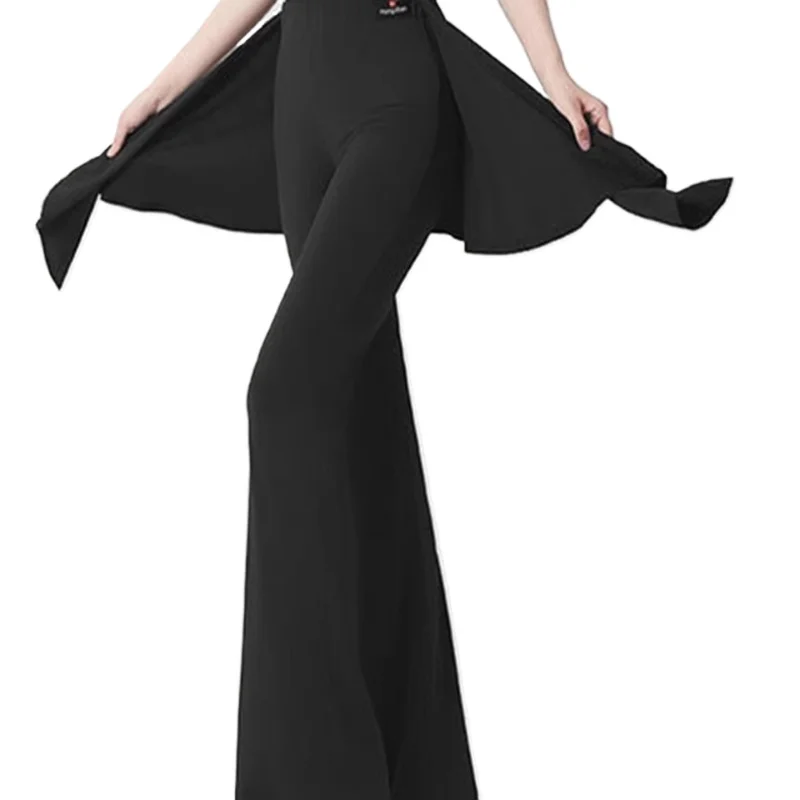 بنطلون رقص لاتيني جديد للخريف للنساء - بنطال طويل أسود عالي الخصر للرقص الحديث والرقص المربع والرقص في قاعة الرقص