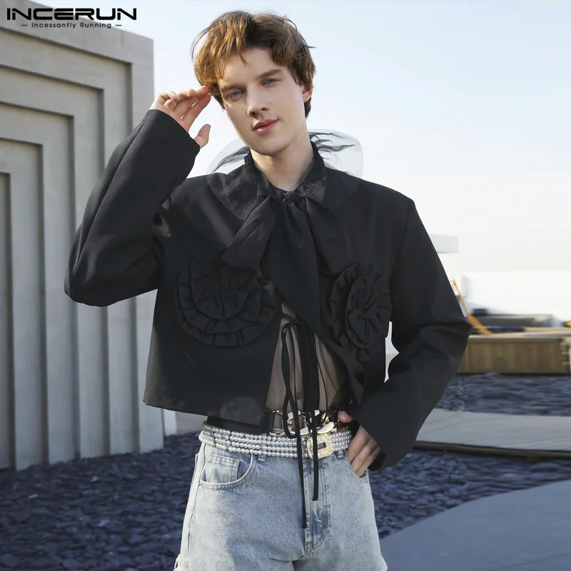 

Casual Simple Style Tops INCERUN Men's Patchwork Wreath Shirts Streetwear Solid Cropped Long Sleeved Cardigan Blouse S-5XL 2024