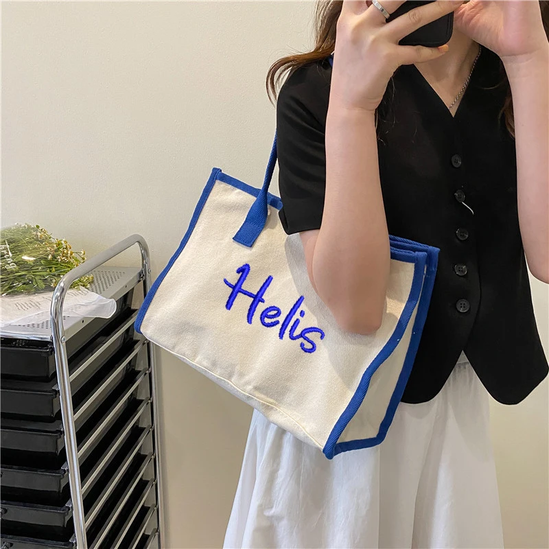 Customized Women's Contrast Canvas Bag Single Shoulder Bag High-capacity Art Student Portable Canvas Bag Embroidered Name