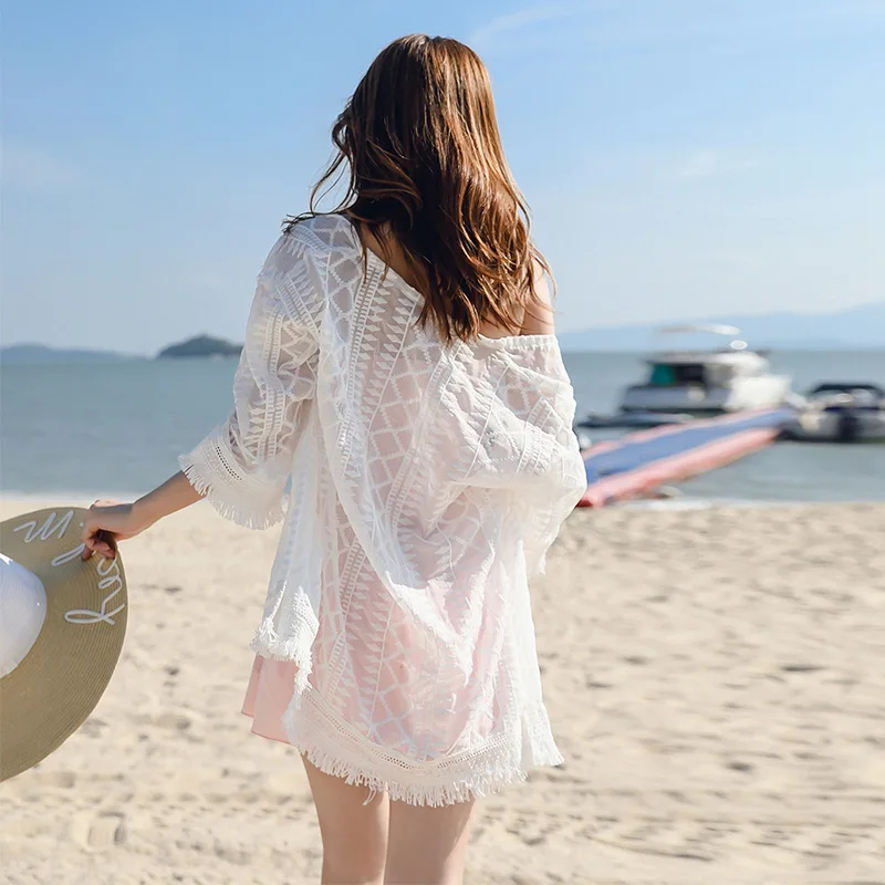 Mid-Length Tassel Embroidered Beach Jacket Bikini Swimsuit Outwear Cardigan Female Summer Sweet