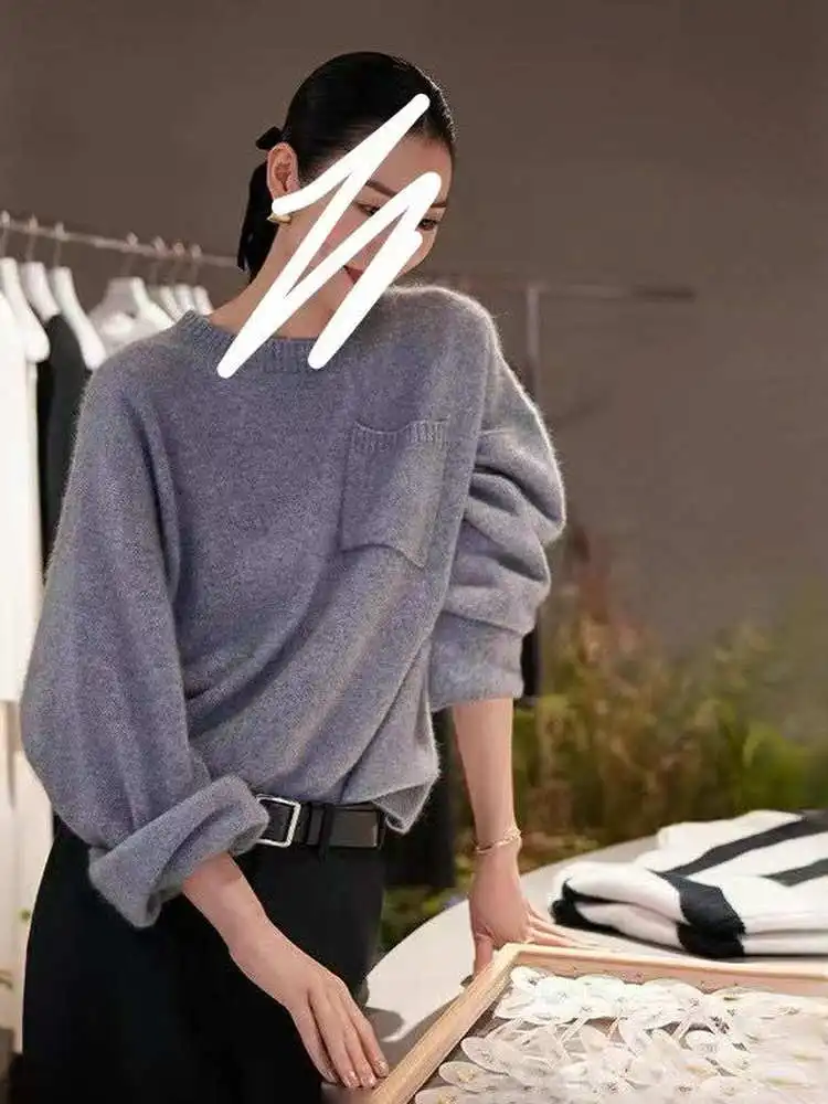 

mat COSniu2025 Women's Knitted Wool Long Sve round Ne ape Sweater Autumn Faion Casual Sle with Slant ket