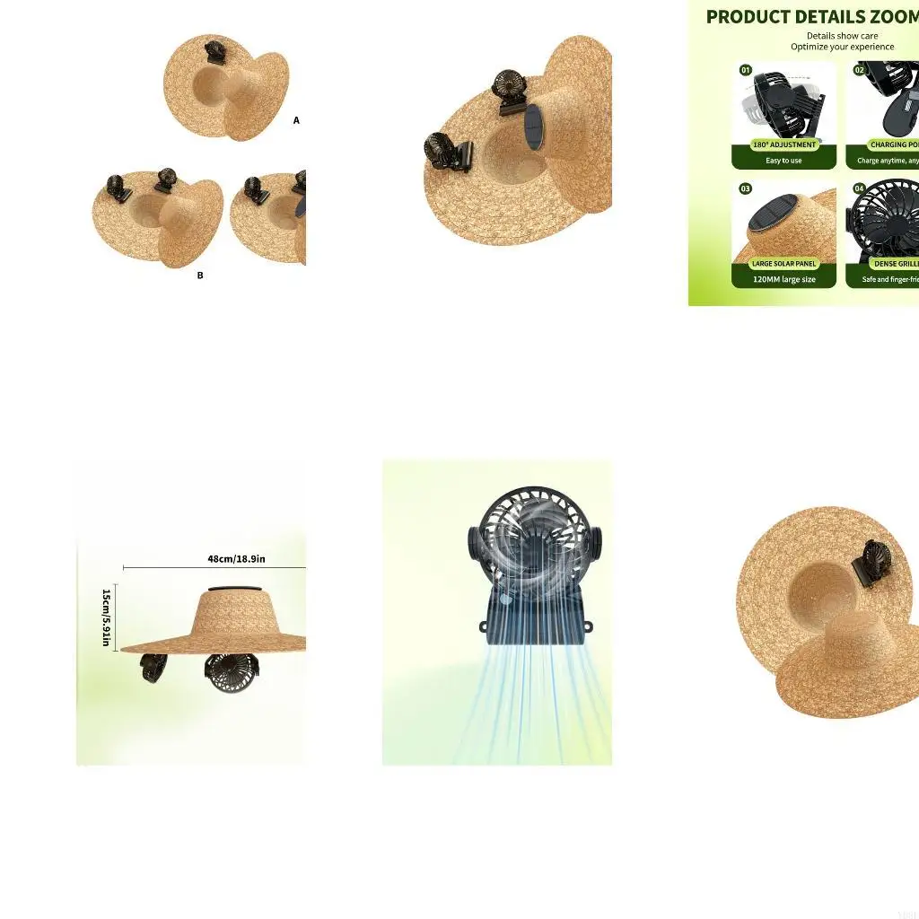 Solar Powered Fan Sun Hat, Wearable Shade Coverage Headwear for Approx. 56-58 Head Circumference in Daytime Use Y08E