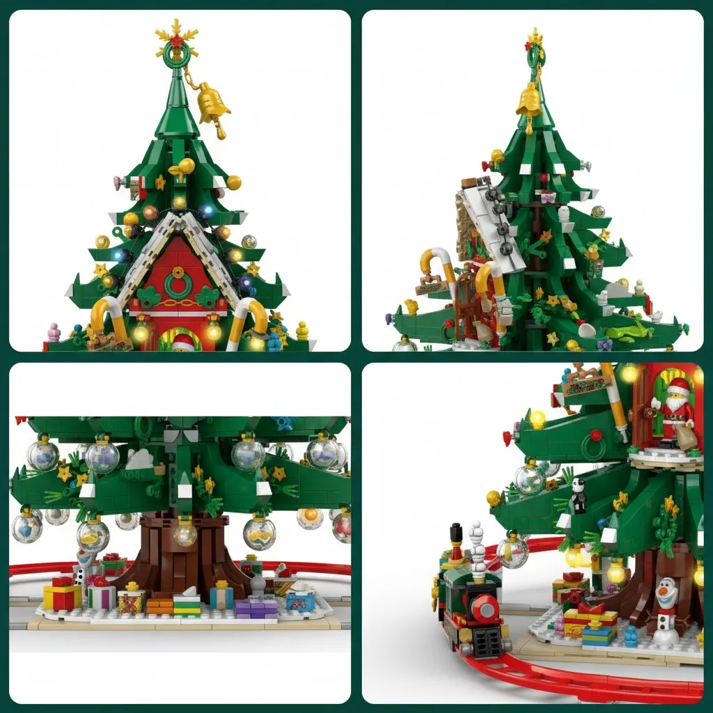 OUZEY MOC بيت شجرة عيد الميلاد مع مسار قطار السكك الحديدية اللبنات سانتا كلوز كوخ الشتاء الثلوج المقصورة لتقوم بها بنفسك لعبة للأطفال #5