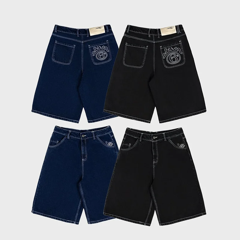 Y2K модные джинсы в стиле ретро, высокое качество, белый вышивка логотипа, повседневные свободные джинсовые шорты для мужчин и женщин, уличная одежда в стиле панк-рок с высокой талией