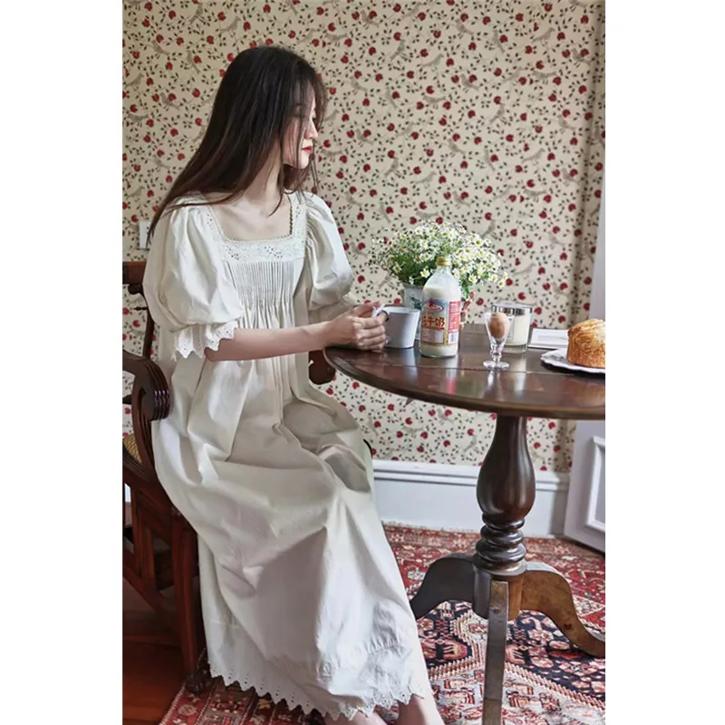 2024 Princess Vintage Long Nightgowns Women French Embroidery Square Collar Loose Nightdress Spring Full Sleeves Cotton Nightie