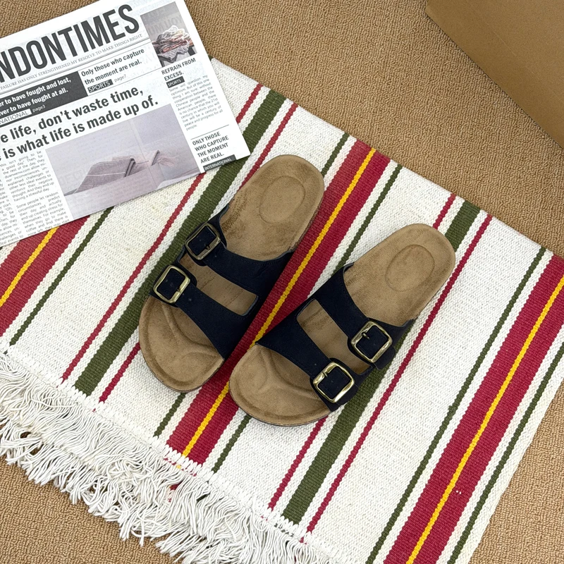 Summer Trend Cork Cool Slippers Couple Double Strap Thick Bottom Outdoor Sandals Anti slip Comfortable Flat Shoes