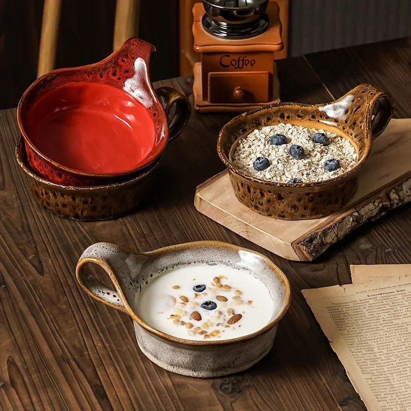 Vintage Underglaze Color Binaural Salad Bowl Household Dessert Leopard Print Kiln Change Japanese Breakfast Yogurt Cup Ceramic