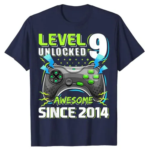 Level 9 Unlocked Awesome 2014 Video Game 9th Birthday Boy T-Shirt Gaming Lover Graphic Tee Sons Gifts Short Sleeve Basics Tops