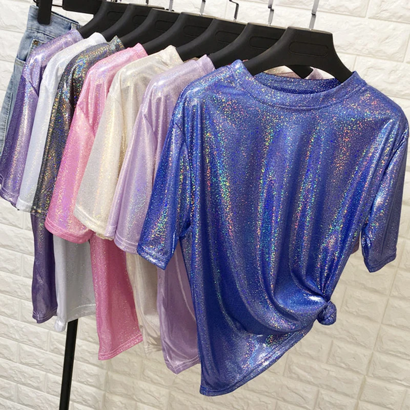 Shiny Clothing O-neck T-shirt Sparkling Reflective Short Sleeved Thin Jazz Dance Crop Top Woman Spring Summer Pink Casual New