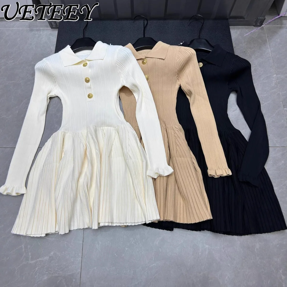 

Новое осеннее вязаное платье-пуловер с отложным воротником и длинными рукавами, элегантное утягивающее однотонное универсальное женское платье с высокой талией