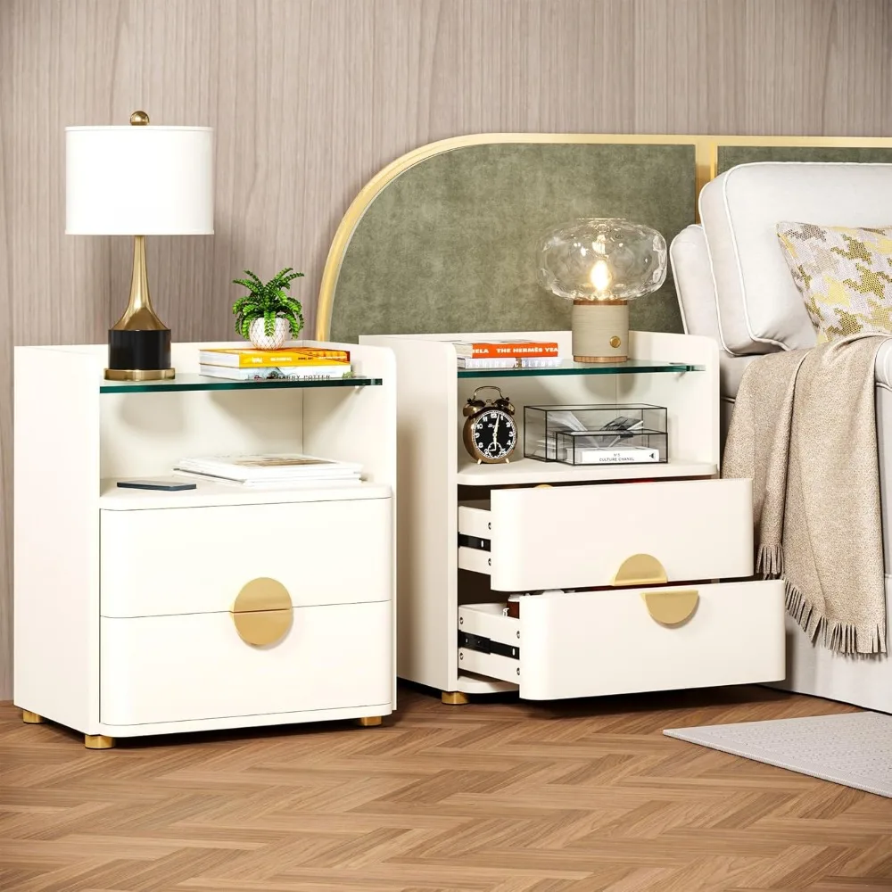 Modern Nightstand Set of 2, Nightstand with 2 Drawers & Open Storage Shelf, White Bed Side Table for Bedroom, Tempered Glasses