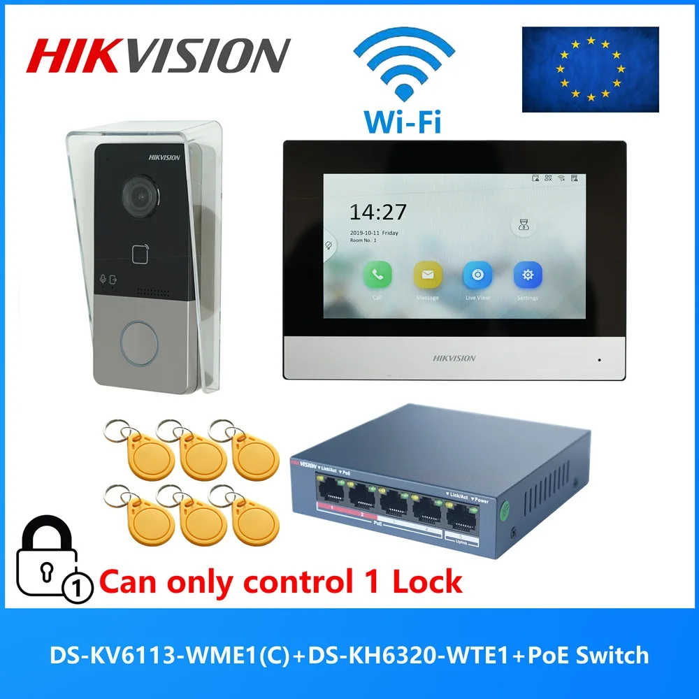 HIKVISION DS-KIS603-P(C) Multi-language 802.3af POE Video intercom KIT,include DS-KV6113-WPE1(C) & DS-KH6320-WTE1 & PoE Switch