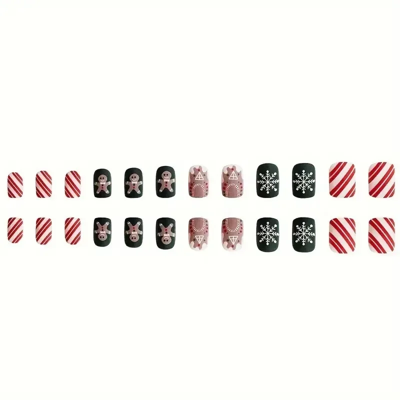 24pcs Short Square ChristmasSnowflake Gingerbread Man Candy CaneStripes Fake Nail Suitable for Women Party Ball AndDaily Wear