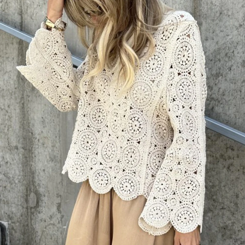 

Women's Sexy V-neck Long Sleeve Solid Color Tops Fashion Hight Street Loose Sweaters Elegant Jacquard Hollow Out Knitted Blouse