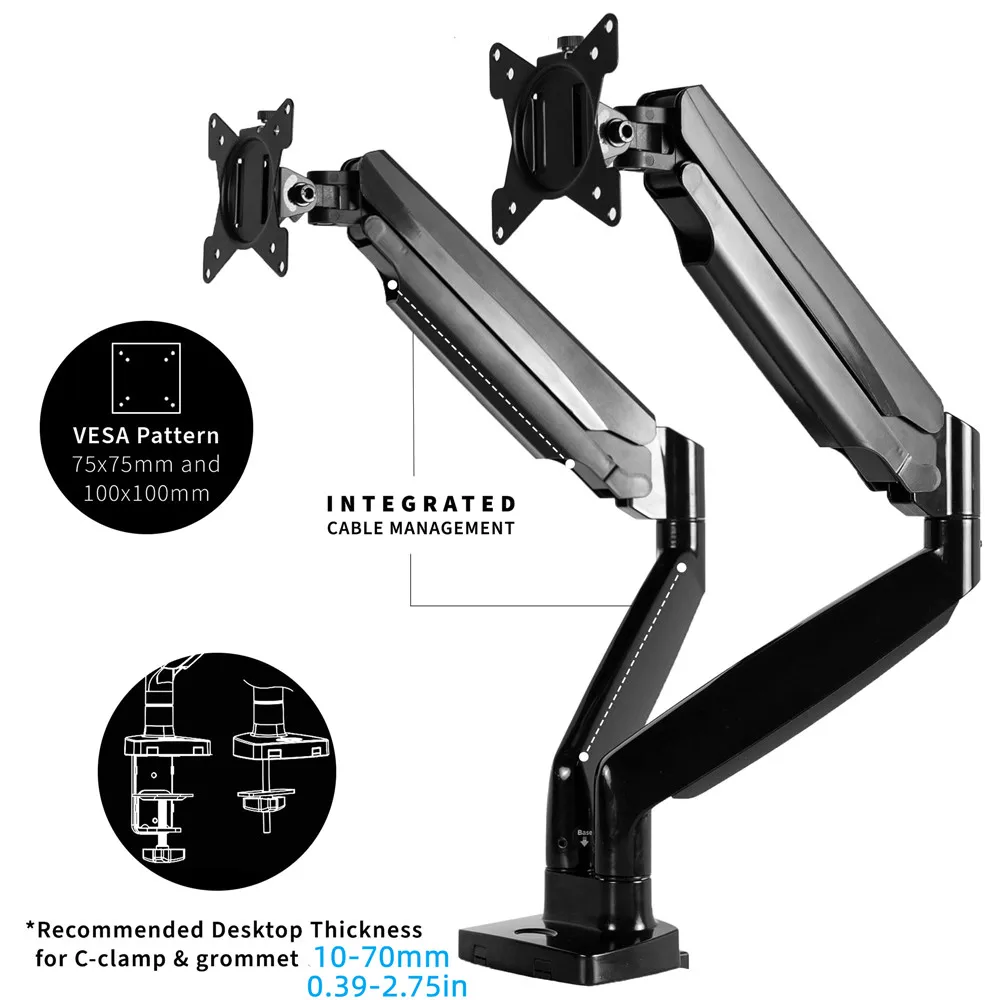 Imagem -05 - Suporte para Monitor de Movimento Total para Telas 1332 Montagem Dupla Mola a Gás Braçadeira Base do Grommet Vesa 75x75 100x100 mm