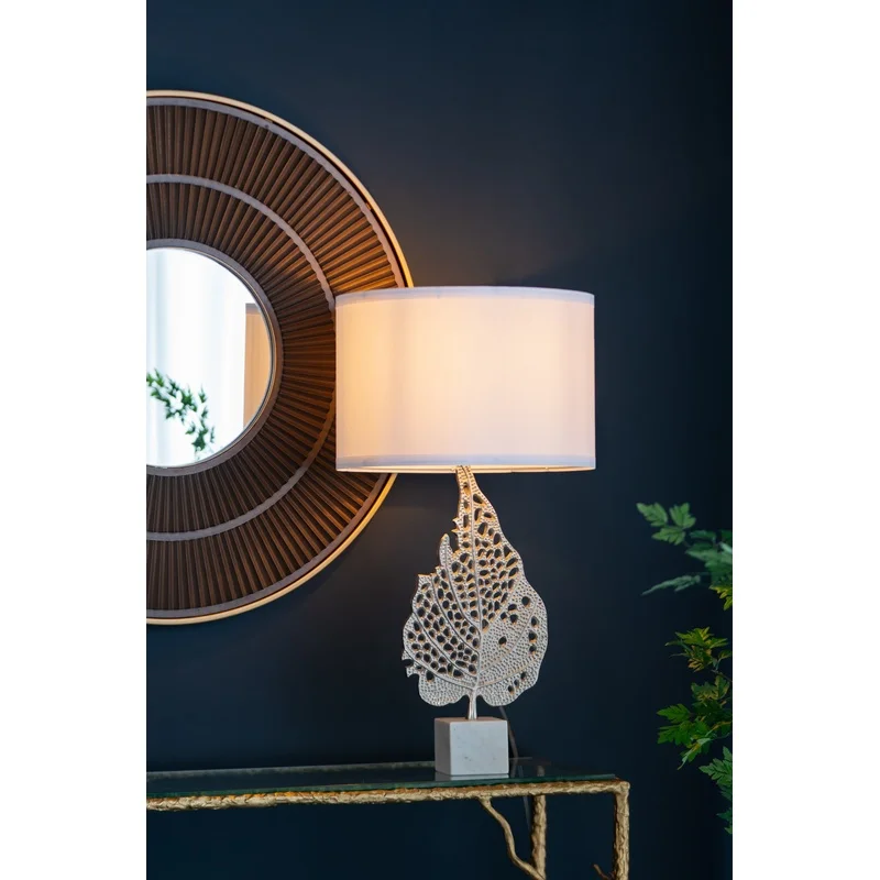 

White Silver Leaf Table Lamp with Drum Shade and Marble Base (Shade Assembly Required)