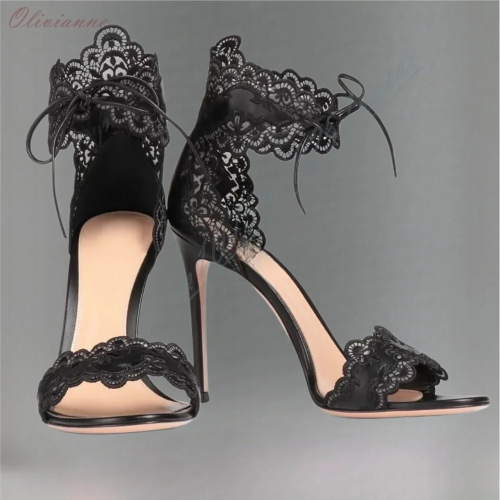Women Black Floral Lace Ankle Tie Sandals Open Toe Stiletto High Heel Party Dress Heels Summer Wedding Evening Party Shoes