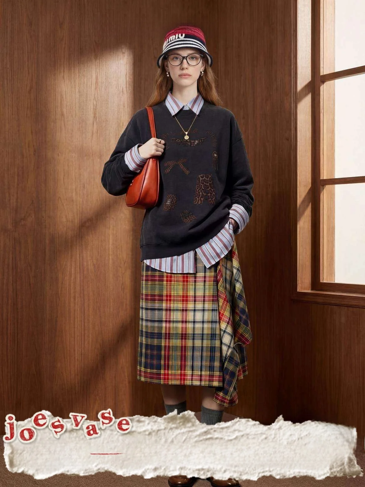 

Jo And Flower Vase × LAB Roosting Light Bla Long Sve Women's T-irt Leopard Print Vintage Sle Loose Fit Commute Wear