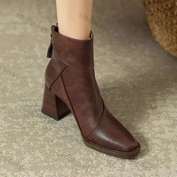 Woman Chunky Ankle Boots Women Zipper Retro Brown Soft Leather Short Boot Autumn New Square Toe Casual High Heel Booties Mujer