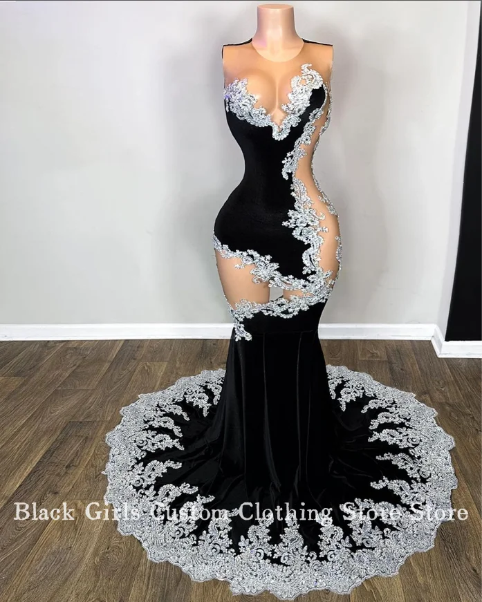 Luxurious Sexy Cutout Mermaid Prom Dress 2024 Black Beaded Crystal See Through Formal Occasion Tailored Long graduation dress