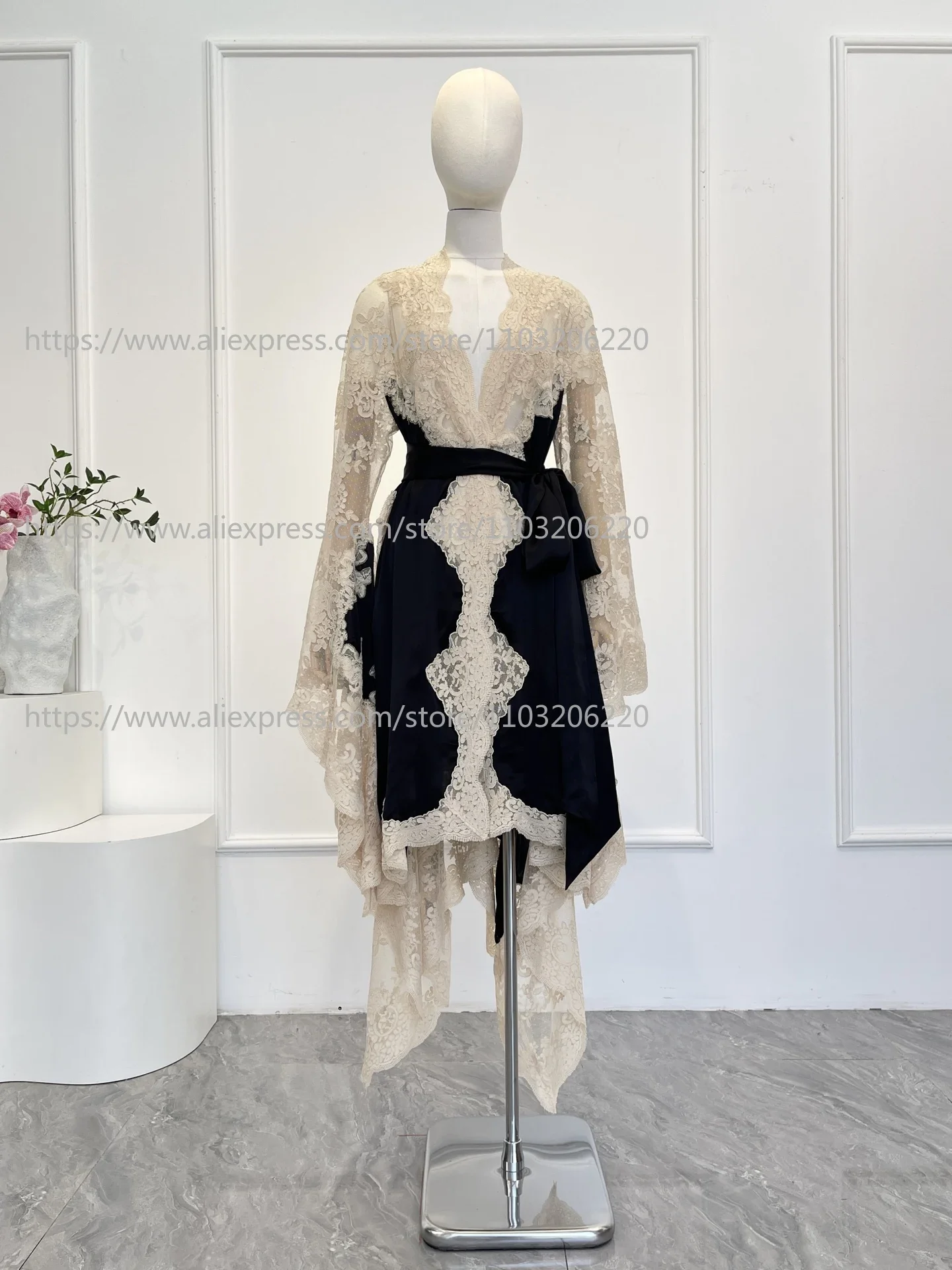 

Beige Brown Patchwork Long Sleeve Lace Midi Dress 2026 New