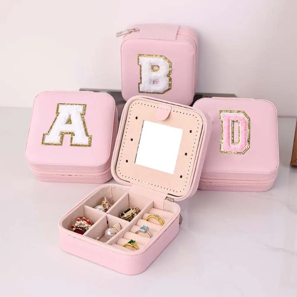 

Pink Leather Jewelry Storage Box Square with Mirror Rings Bearer Box Bracelets Organizer Letter Jewelry Case Jewelry Storage