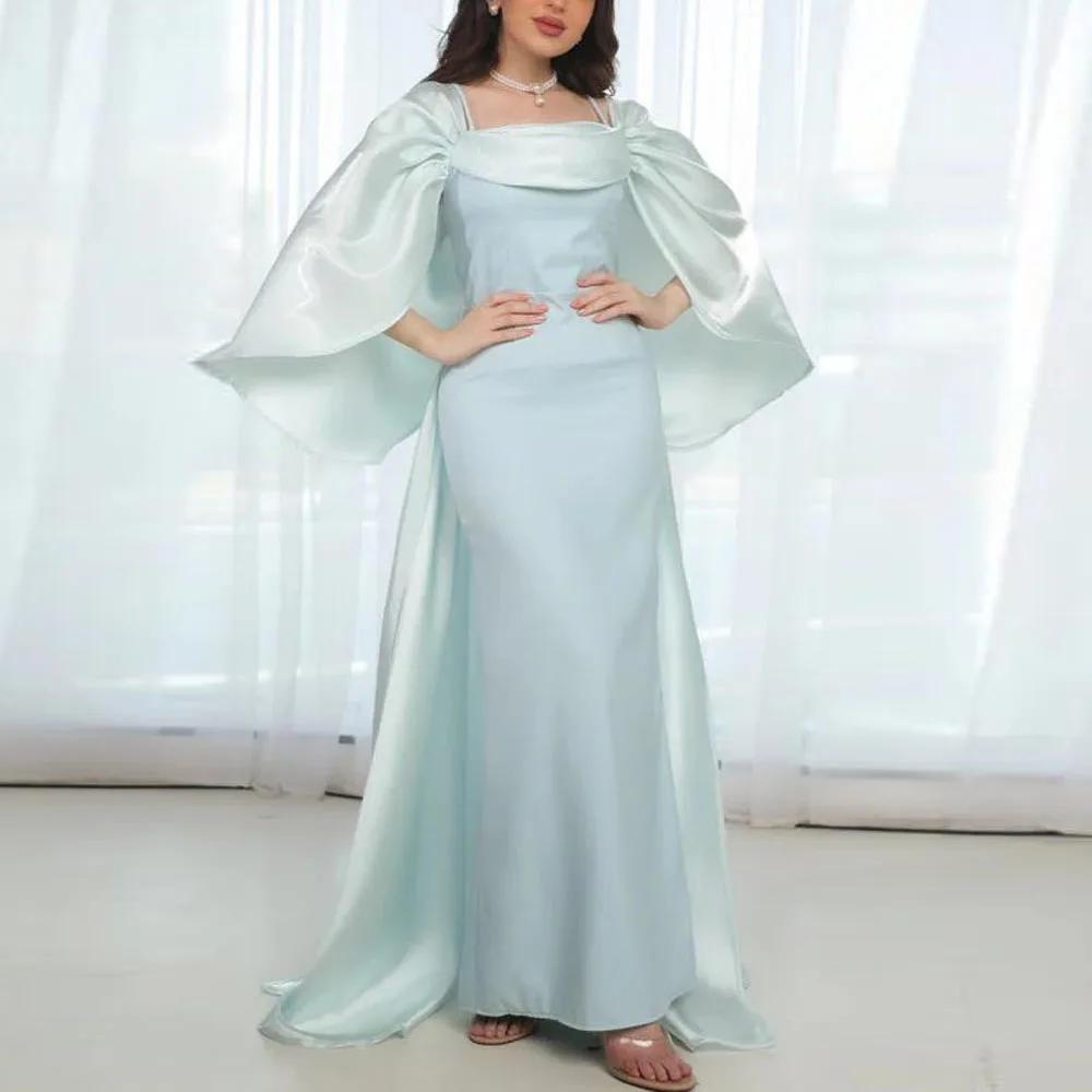 Customized Evening Dress With Wide Pleated Sleeves Square Neck Mermaid Formal Dresses with Shawl Blue Satin Wedding Party Gown