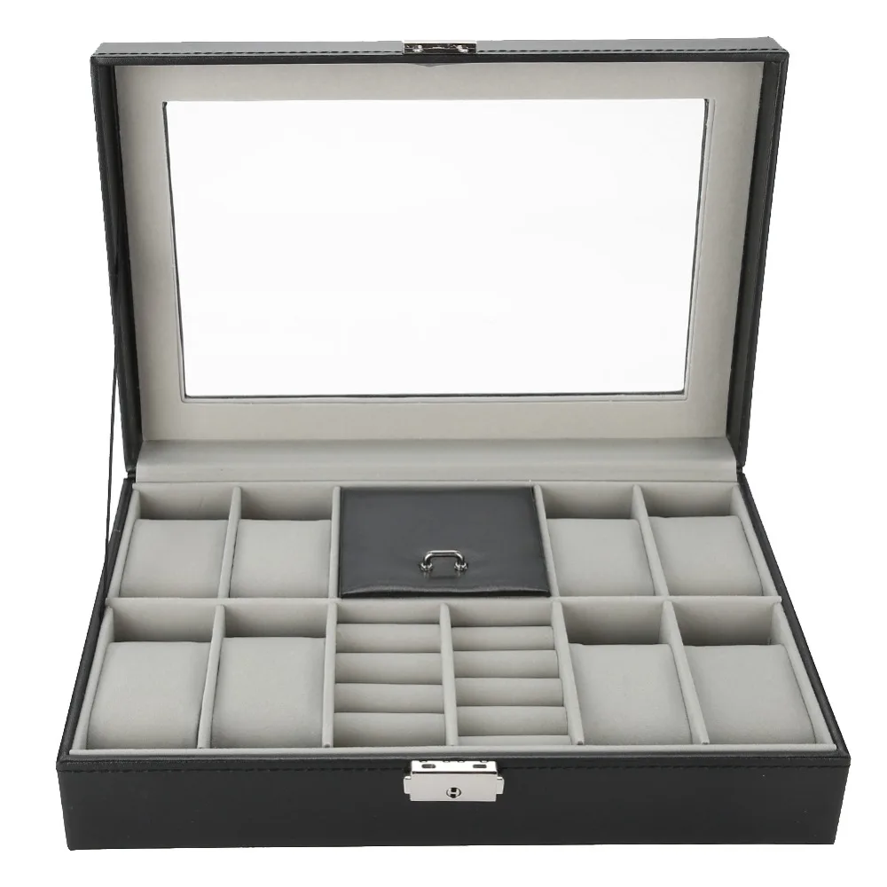 Dustproof Leather Watch Box Glass Window Key Lock Storage Box 8 Slots Gray Flannel Watch Case Home Storage