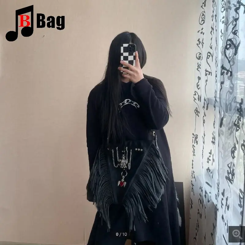 Y2K tas tangan Punk perempuan wanita Gotik tas tangan buatan tangan Harajuku cakar Retro rumbai Rivet Satu bahu tas Straddle Diagonal kulit