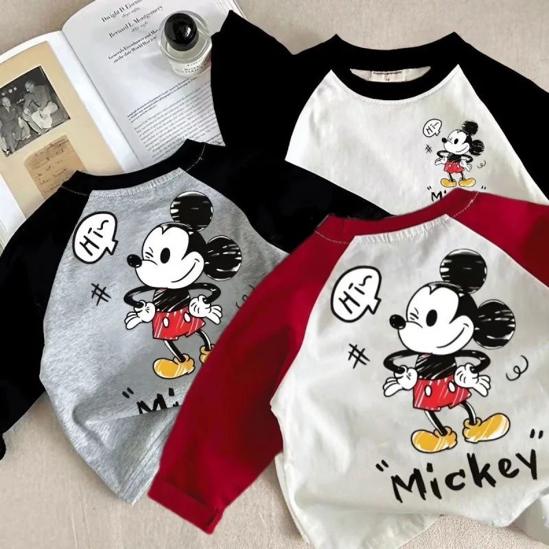 

Children's Cotton T-shirt Cartoon Mickey Printed Round Neck Long Sleeve Top Girls Boys Versatile T-shirt Autumn Kids Tees