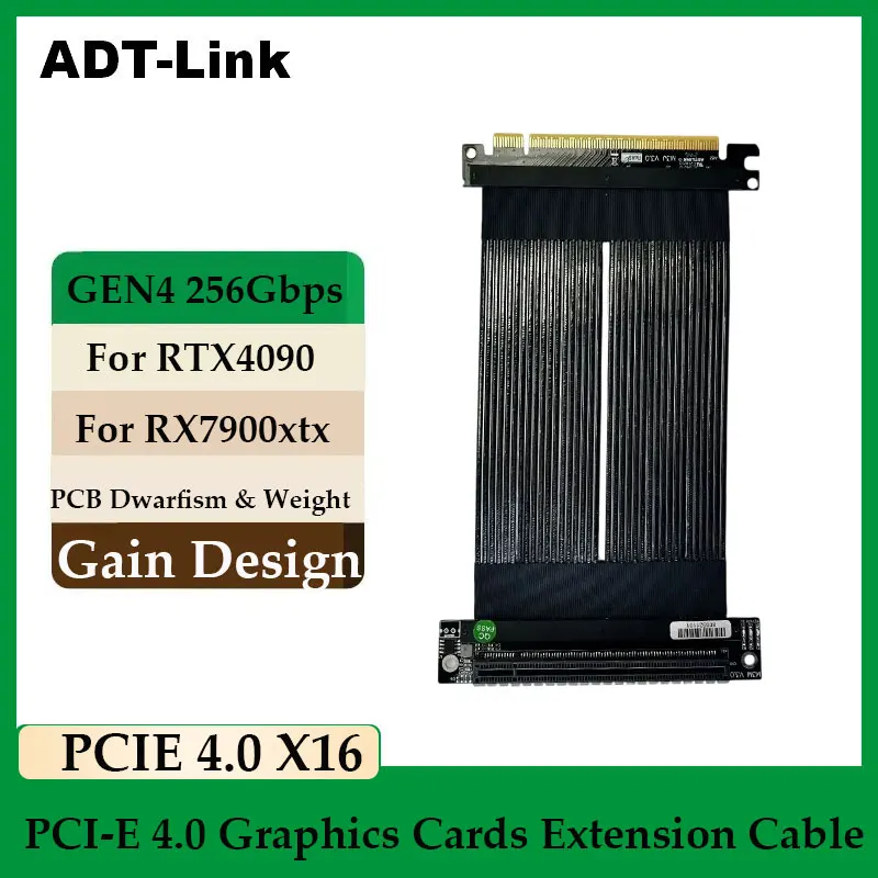 ADT-Link PCI-E 4.0 X16 Graphics Cards Extension Cable Gen4 256Gbps 90° for RTX4090 RX7900xtx GPU Extension Cable for ATX Chassis
