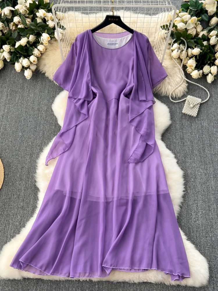 Summer Chiffon Casual Dress Women French Hollow Round Neck Midi Dresses Ladies Slim Short Sleeve Slim A-line Robe Vestidos