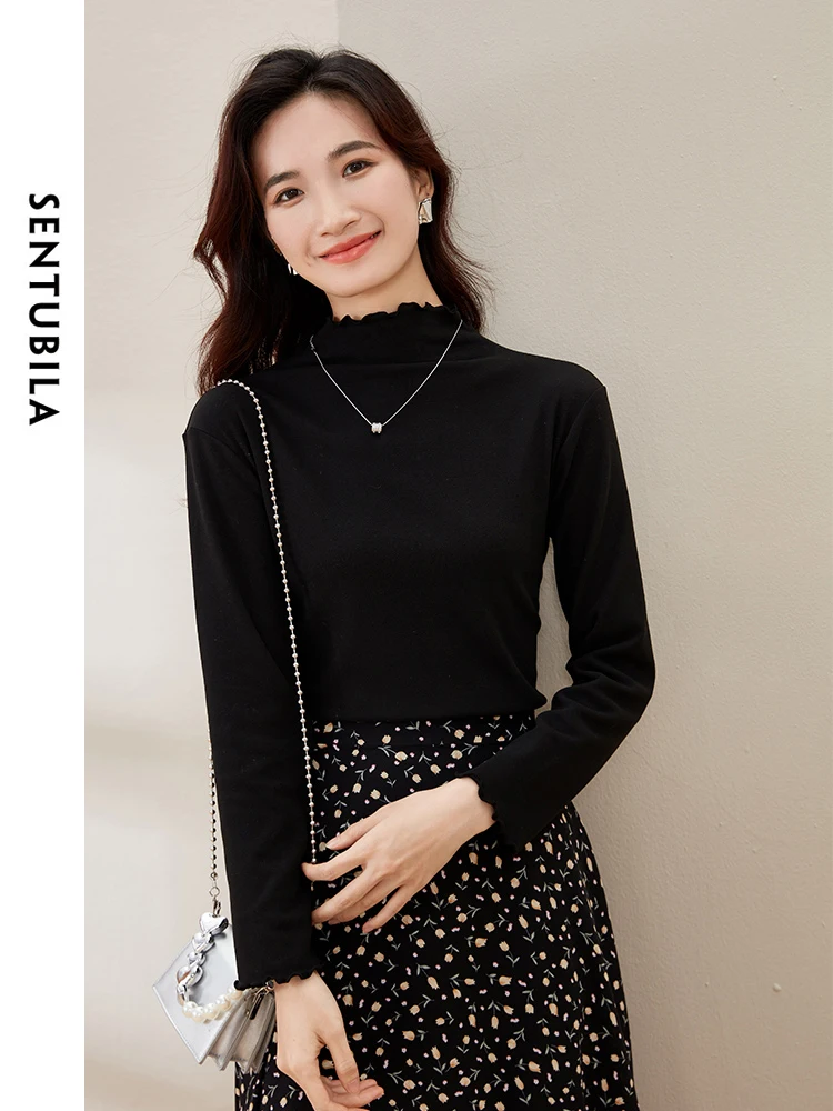 SENTUBILA Turtleneck Knitted T-shirt Spring Women\'s Long Sleeve Tops Pullovers 2024 Simple Slim Soft Knit Bottom Shirt W34T52343