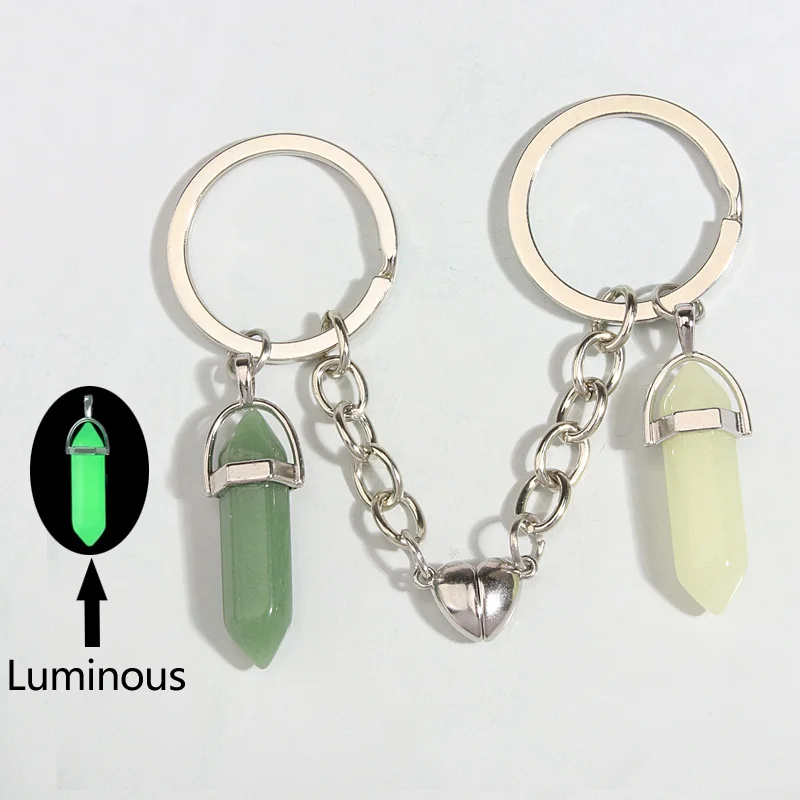 New Keychain Crystal Quartz Stone Key Ring Heart Magnetic Button Key Chains For Couple Friend Gifts DIY Handmade Jewelry