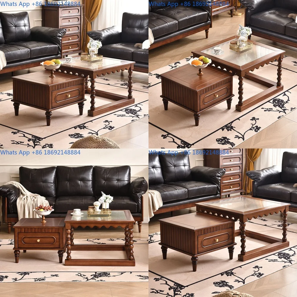 Rustic Luxury Solid Wood Coffee Table and TV Stand Set with French Glass Design for Living Room Small and Large Spaces