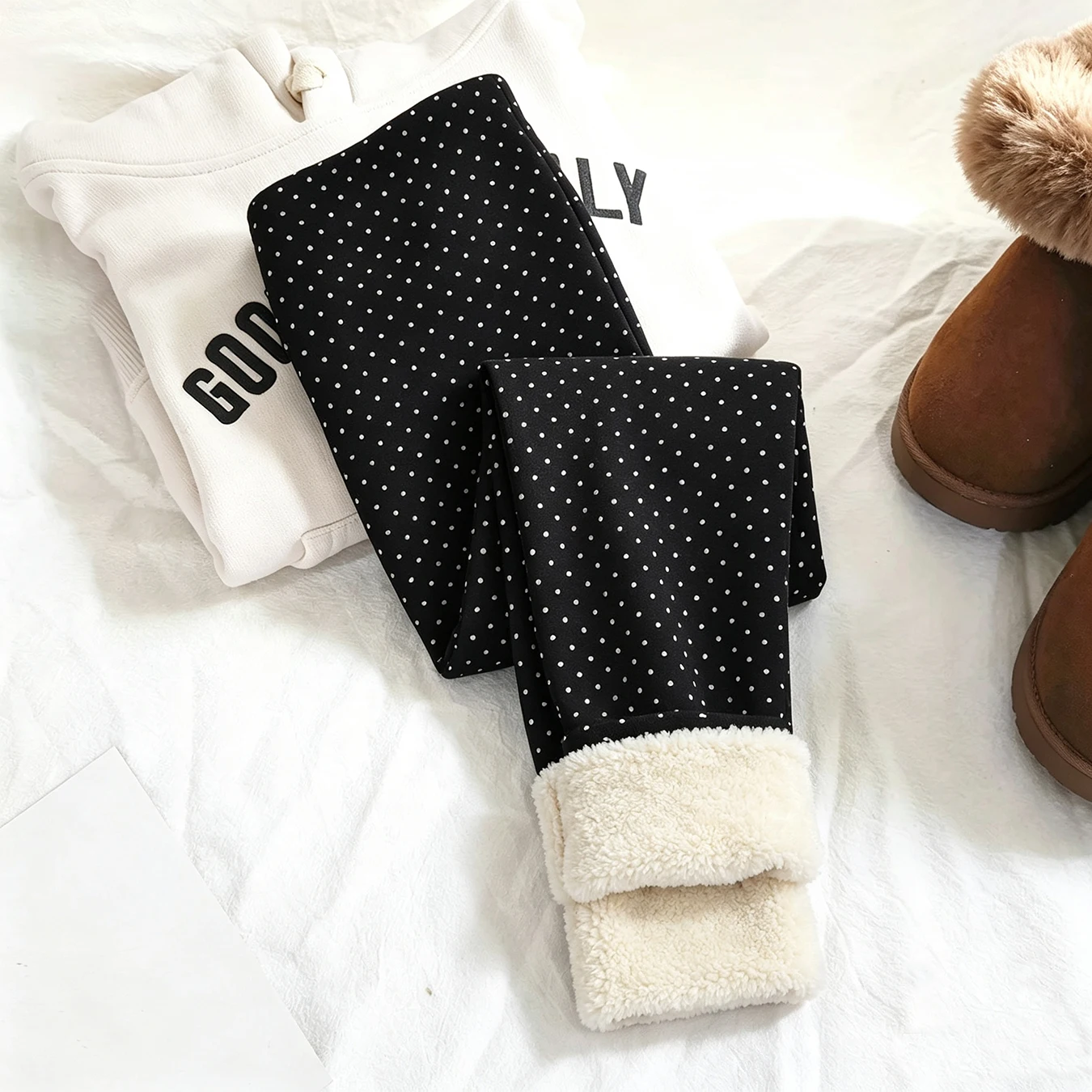 Women Dot Print Fleece Leggings High Waist Thermal Winter Warm Tights Solid Stretchy Casual Pants Female Streetwear Jogger