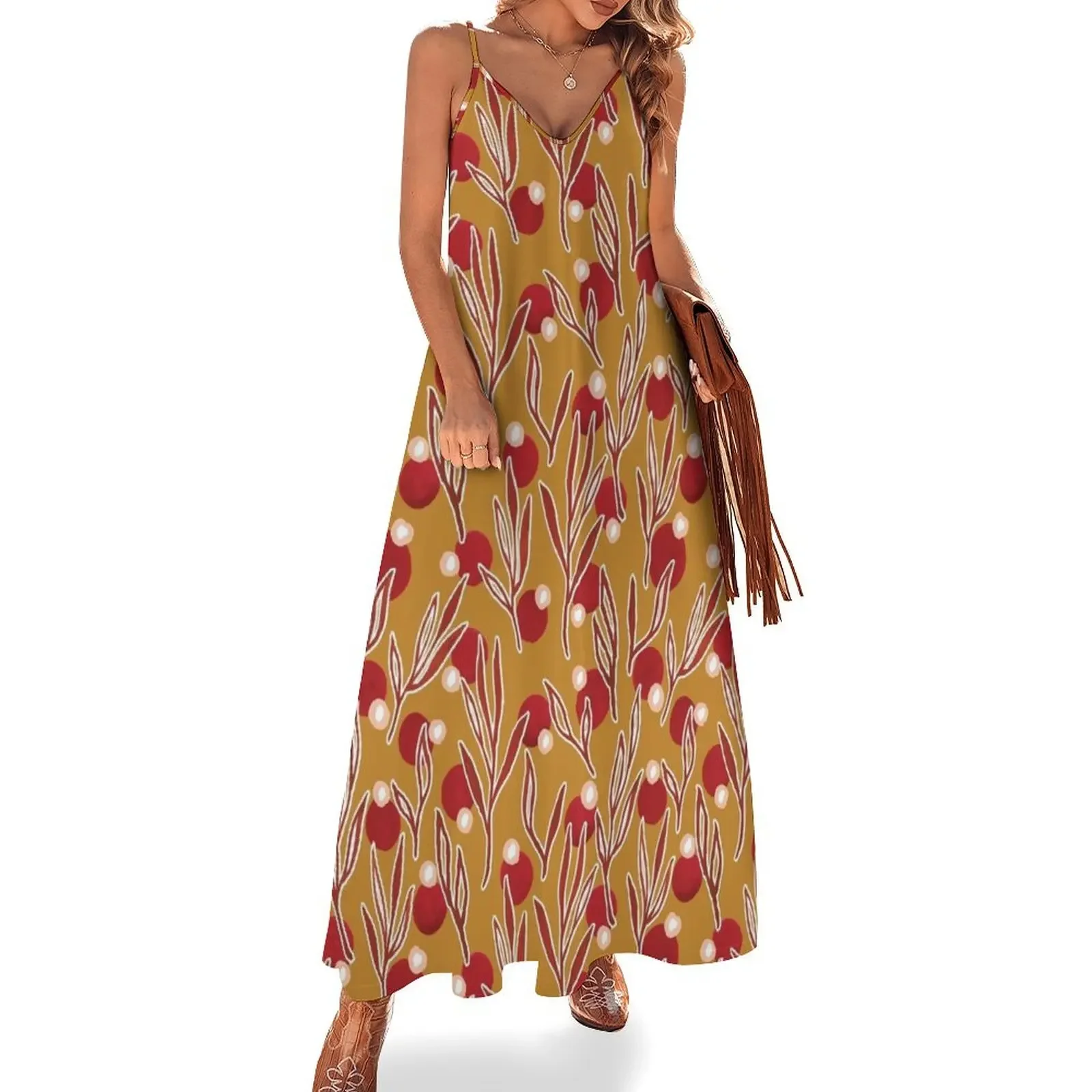 

Red and Ochre Botanical Sleeveless Dress loose women's dress clothes for woman women's elegant loose dresses Dress