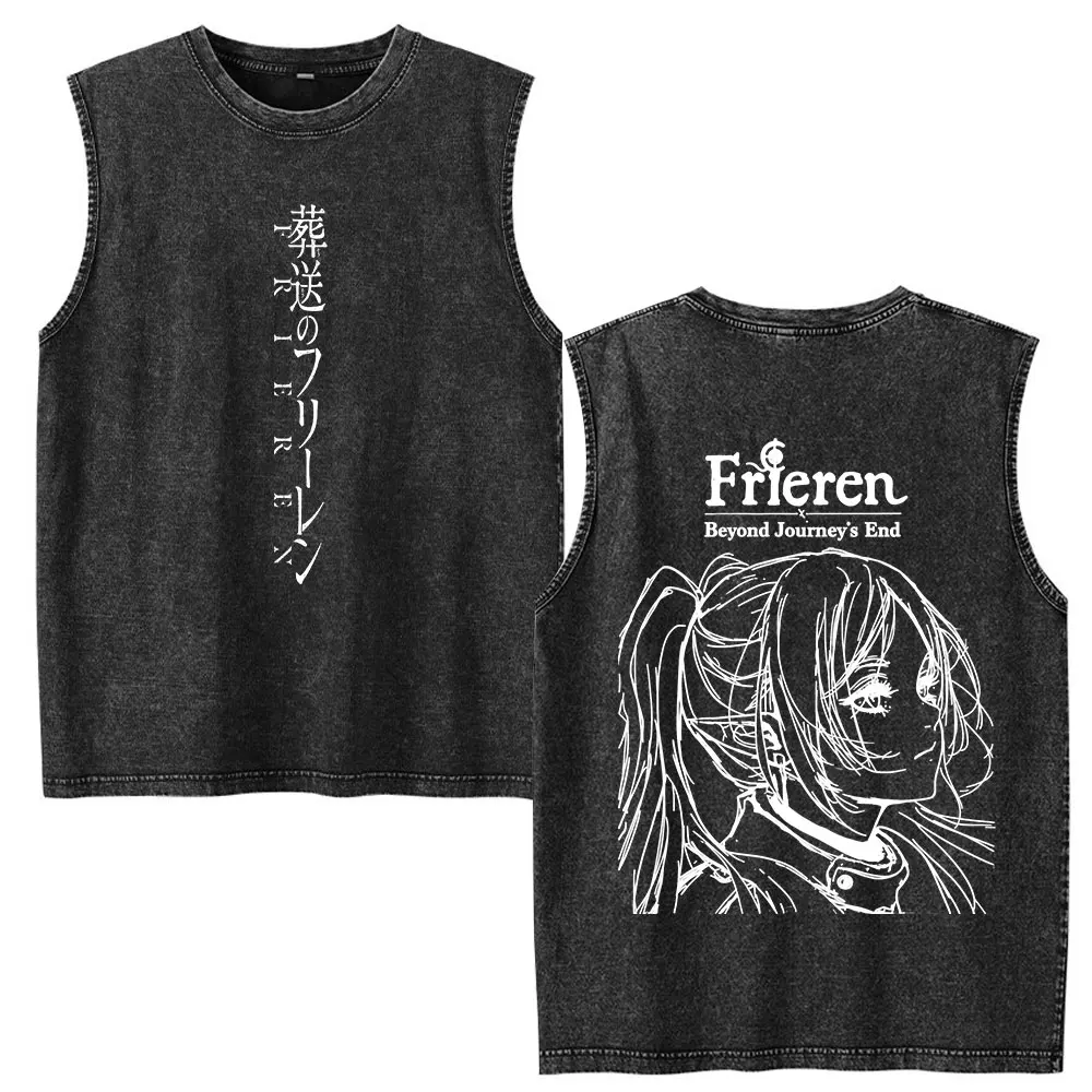 Anime Frieren Beyond Journey's End Vintage Washed Vest T-shirt Men's Clothing Casual Cotton Sleeveless Tank Tops Oversized Tees