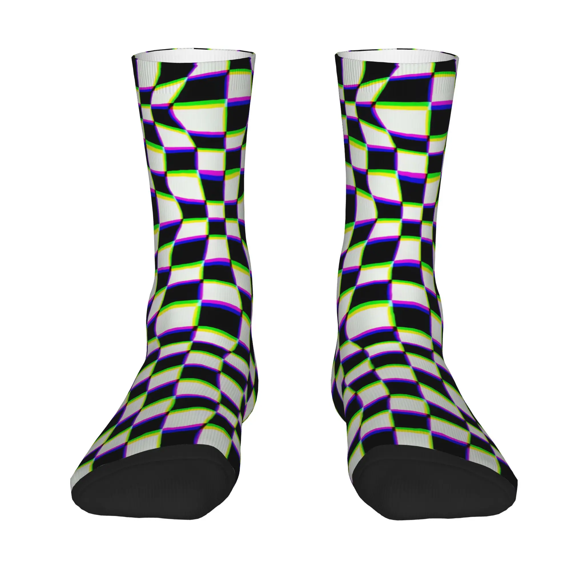 Men Socks Distorted Black White Checkerboard Neon Glitch Optical Pattern  Stockings Non Skid High Quality Socks Fashion Socks