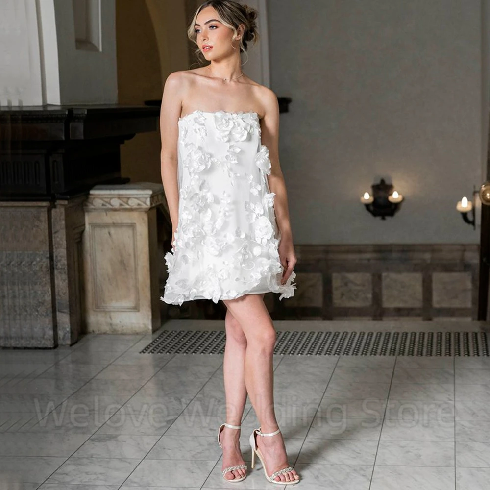 Charming Short Wedding Dress Strapless with 3D Flowers Straight Sleeveless Bridal Custom Made Mini Marriage Register Gowns