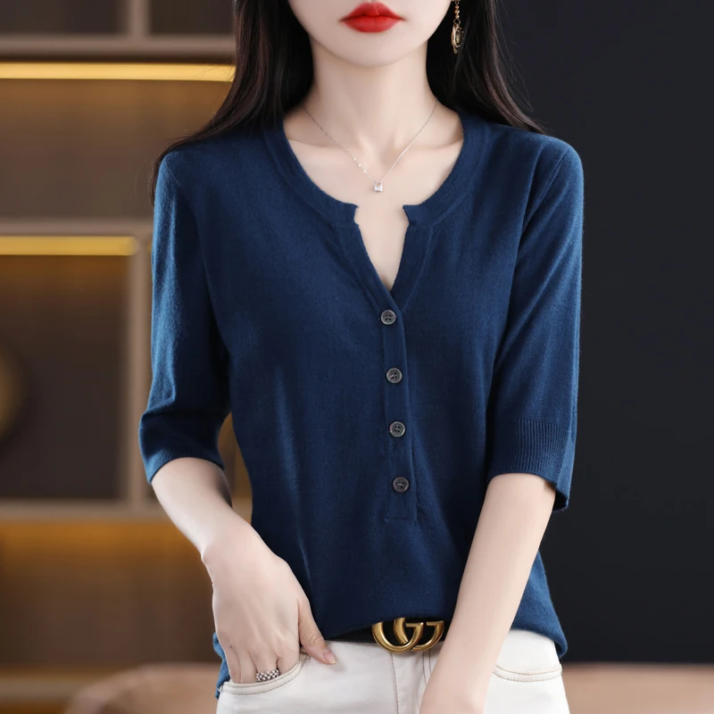 

Comfortable knitted ribbed T-shirt with half sleeves, women's V-neck short sleeved cardigan, summer fashonable solid color vest