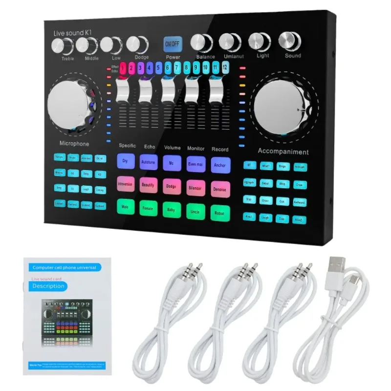 Profissional Live Master Sound Card, Bluetooth Compatível, Mixer Ajustável, Gravação de Música, Durante Performances Karaoke, K1